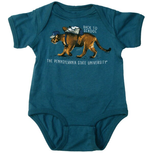 dark teal onesie Back to School The Pennsylvania State University lion with backpack